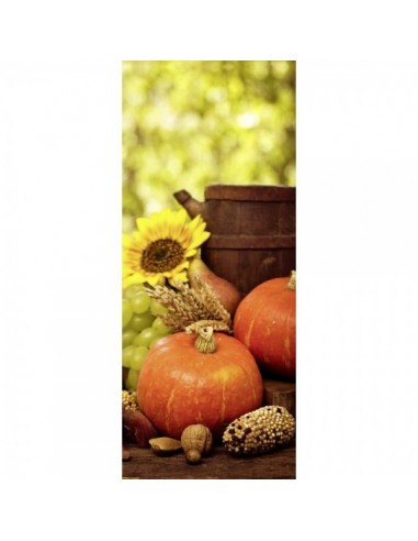 Banner-poster otoñal con calabazas girasoles y uvas para decorar escaparates en otoño