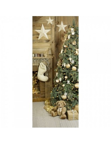 Banner-poster árbol de navidad decoración lujosa dorada al lado de la chimenea para la decoración de escaparates en navidad