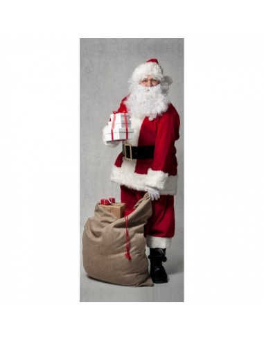 Banner-poster papá noel sacando regalos del saco para la decoración de escaparates en navidad