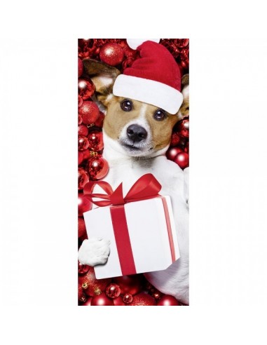 Banner-poster perrito papá noel con regalo envuelto para la decoración de escaparates en navidad