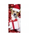 Banner-poster perrito papá noel con regalo envuelto para la decoración de escaparates en navidad