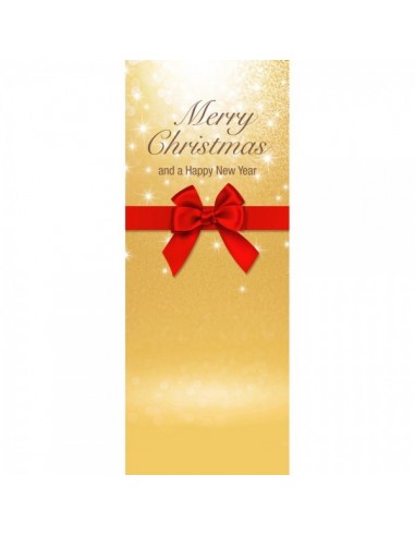 Banner-poster feliz navidad con lazo en fondo dorado para la decoración de escaparates en navidad