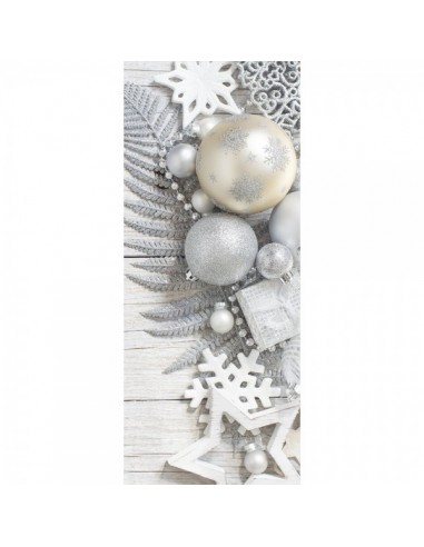 Banner-poster decoración navideña en tonos plateados y perla para la decoración de escaparates en navidad