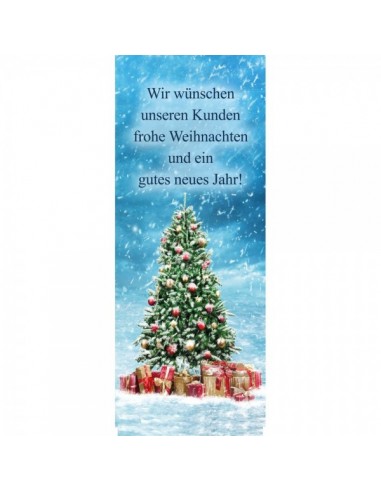 Banner-poster árbol de navidad en exterior nevando con texto en alemán para la decoración de escaparates en navidad