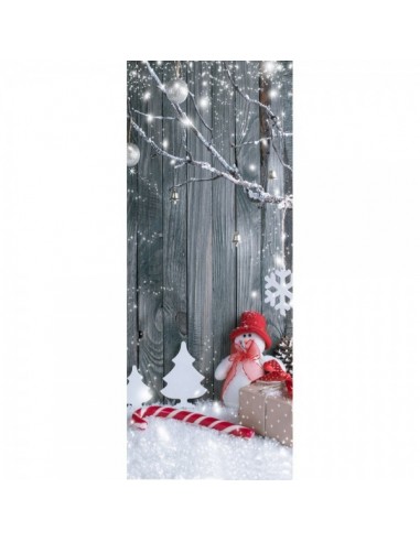 Banner-poster decoración navideña con muñeco árbol bastón y fondo de madera para la decoración de escaparates en navidad