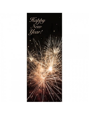 Banner-poster fuegos artificiales luz cálida con mensaje happy new year para la decoración de escaparates en navidad