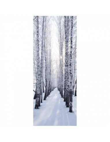 Banner-poster boque de abedules con camino nevado para la decoración de escaparates en navidad