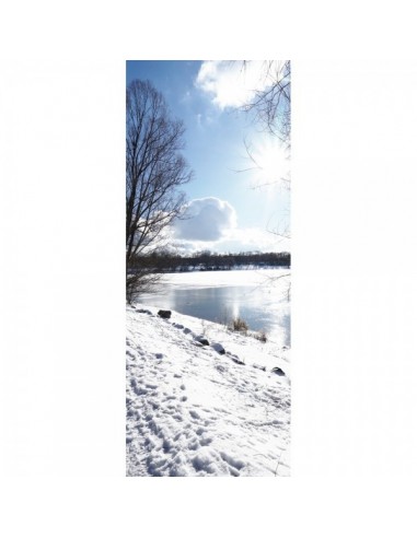 Banner-poster lago nevado en invierno con día de sol para la decoración de escaparates en navidad