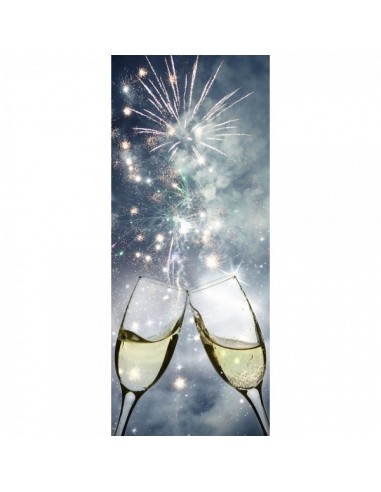 Banner-poster fuegos artificiales y brindis con copas de cava-champán para la decoración de escaparates en navidad