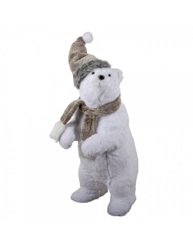 Oso polar de pie con bufanda y gorro para decoración de escaparates en invierno