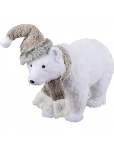 Oso polar andando con bufanda y gorro para decoración de escaparates en invierno
