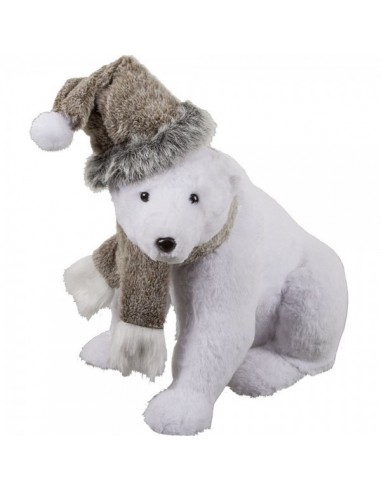 Oso polar sentado con bufanda y gorro para decoración de escaparates en invierno