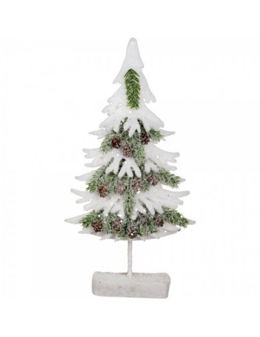 Árbol de navidad decorativo pequeño con hojas nevadas y piñas para decorar escaparates y centros comerciales