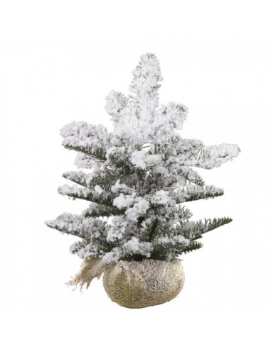 Abeto pequeño nevado para la decoración de navidad con bolas y accesorios
