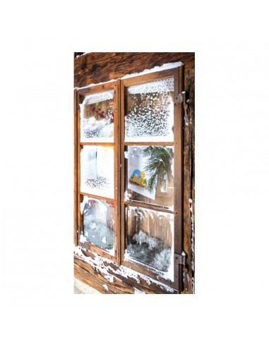Banner-foto ventana de cabaña nevada para la decoración del fondo decorativo en los escaparates de tiendas