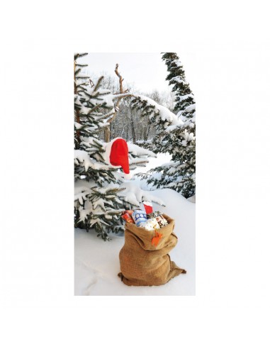Banner-foto saco de regalos con bosque nevado de fondo para la decoración del fondo decorativo en los escaparates de tiendas