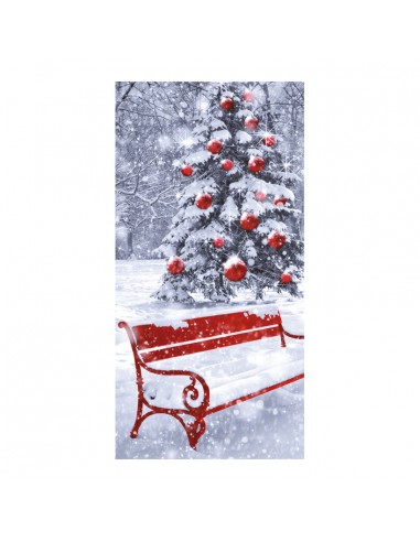 Banner-foto árbol navideño con banco rojo para la decoración del fondo decorativo en los escaparates de tiendas