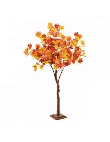 Árbol de arce frondoso con base de madera de colorido otoñal para escaparates de otoño en tiendas y centros comerciales