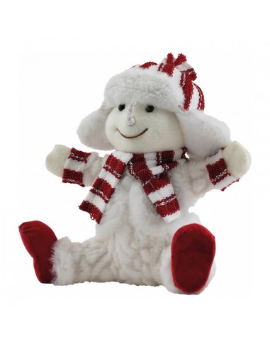 Muñeco de nieve sentado brazos y piernas abiertas para decoración de escaparates en invierno