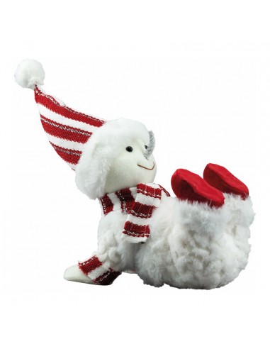 Muñeco de nieve acostado piernas arriba para decoración de escaparates en invierno