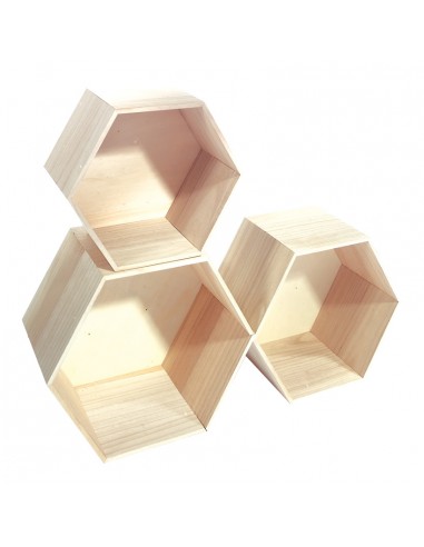 Expositor hexagonal de madera con fondo para la decoración de espacios y escaparates e interior de tiendas