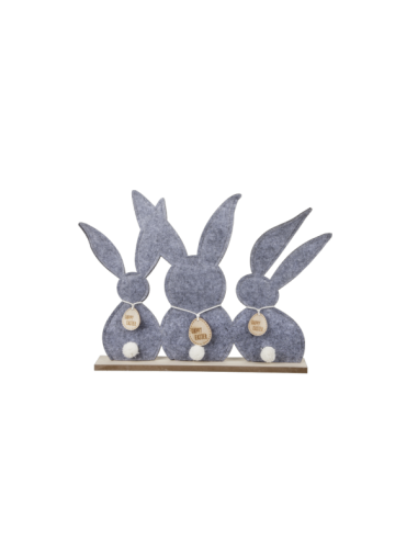 3 conejos 2d con colgante feliz pascua y base para escaparates de tiendas y pastelerías en pascua