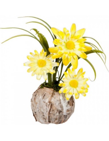 Macetero de madera natural con 3 tallos de flores para la decorar en primavera centros comerciales y escaparates