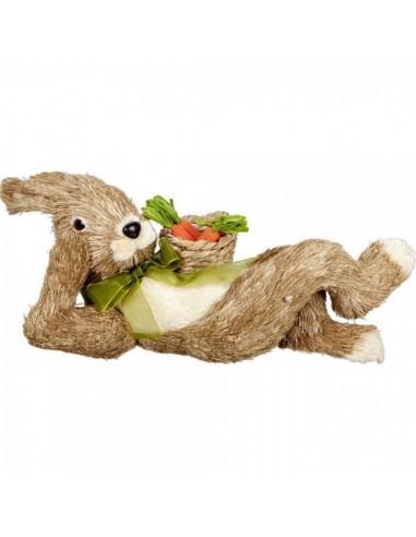 Conejo posición acostado con cesto zanahorias para escaparates de tiendas y pastelerías en pascua