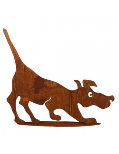 Figura de perro de metal caminando con base para la decorar espacios y escaparates de verano con mamíferos y aves