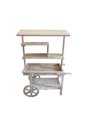 Carro de venta ambulante de madera con estante y techo de listones para escaparates en verano de tiendas o comercios