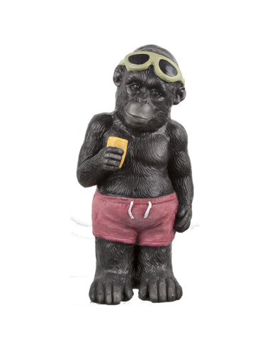 Gorila de pie con bañador gafas de sol y cono de helado para la decorar espacios y escaparates de verano con mamíferos y aves