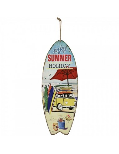 Tabla de surf con texto enjoy summer holiday para escaparates en verano de tiendas o comercios