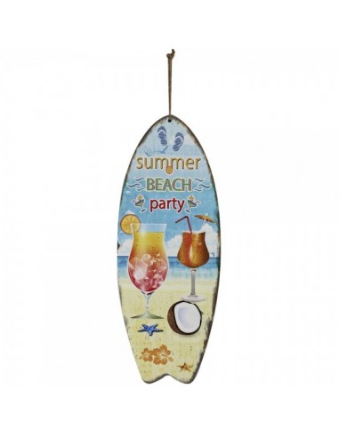 Tabla de surf con texto summer beach party para escaparates en verano de tiendas o comercios